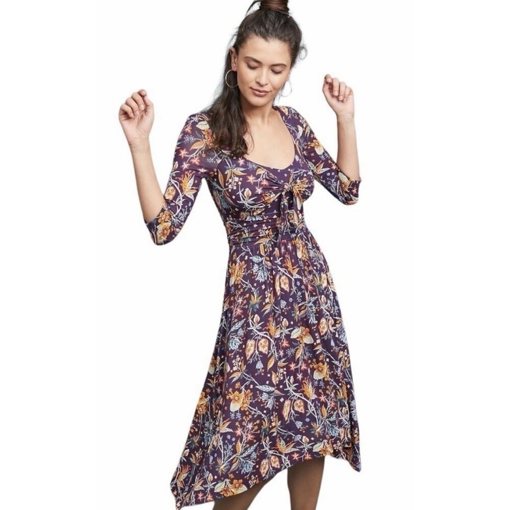 Maeve by Athropologie Beloved Purple Floral Tie Front Midi Dress Size S EUC!!